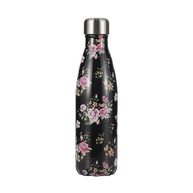 Gourde Inox Imprimés Fleurs Colorées Nappe fond Noir