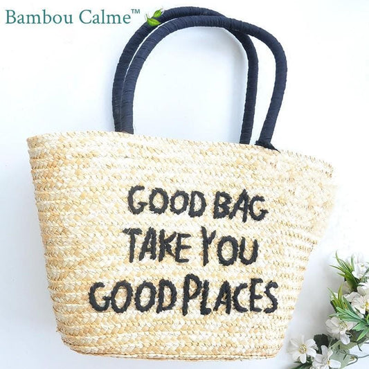 Cabas Paille Noir Good Bag Take You Good Places | Bambou Calme