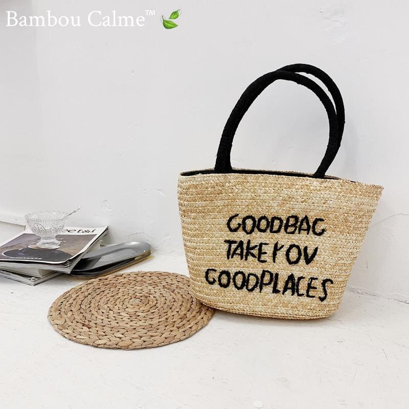 Cabas Paille Noir Good Bag Take You Good Places | Bambou Calme