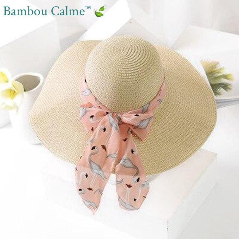 Chapeau de Paille Beige avec ruban Flamant Rose | Bambou Calme
