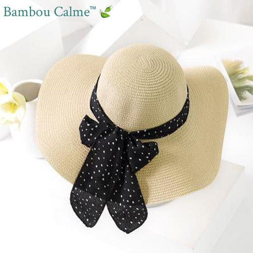 Chapeau de Paille Beige avec ruban Noir à pois blanc | Bambou Calme