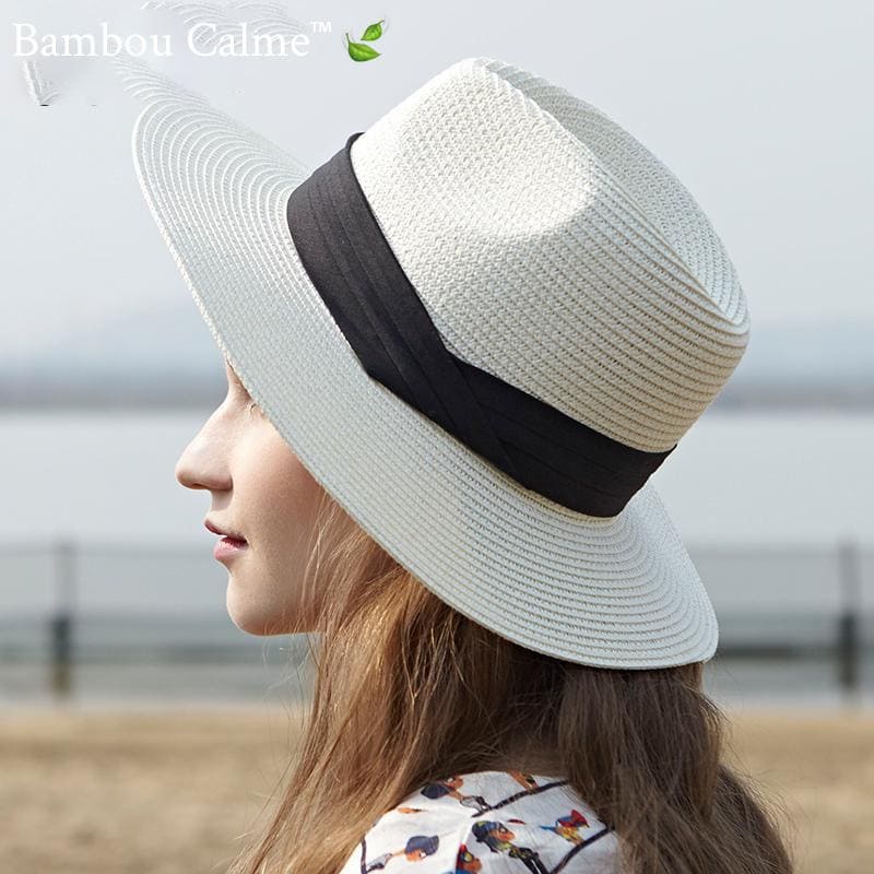 Chapeau de Paille Blanc avec Lanière Marron La Tropézienne | Bambou Calme