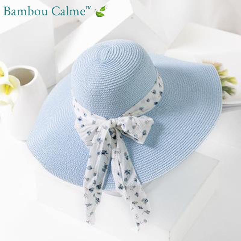 Chapeau de Paille Bleu avec ruban Blanc | Bambou Calme