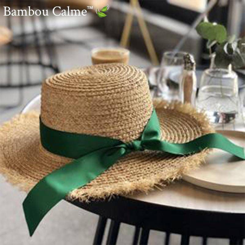 Chapeau de Paille avec Ruban Vert La PiqueNiqueuse | Bambou Calme