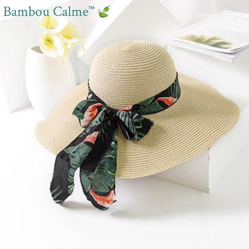 Chapeau de Paille Lait avec ruban Tropical sombre | Bambou Calme