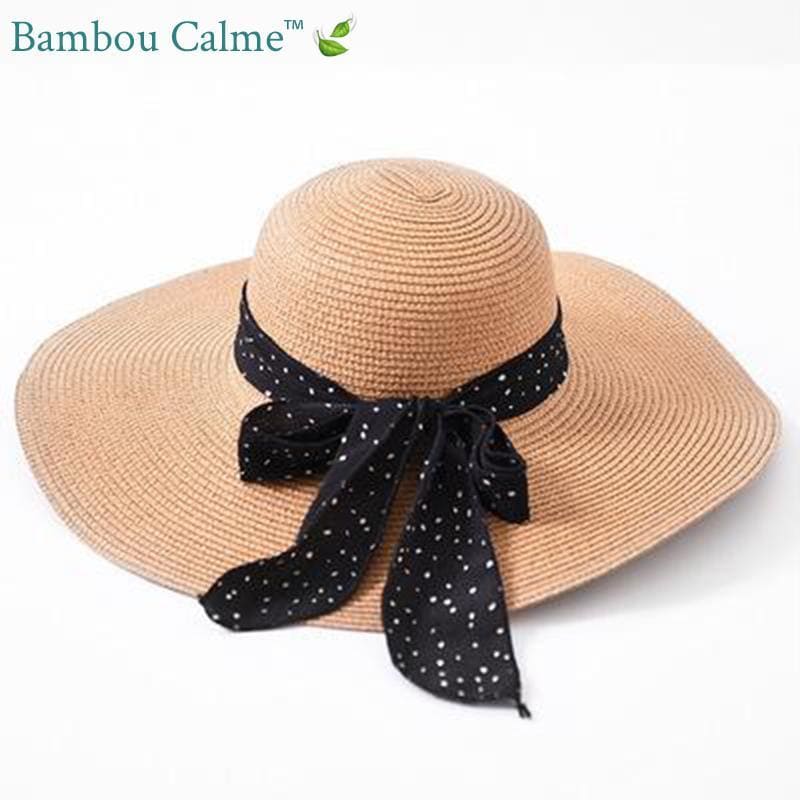 Chapeau de Paille Nature avec ruban Noir à pois Blanc | Bambou Calme