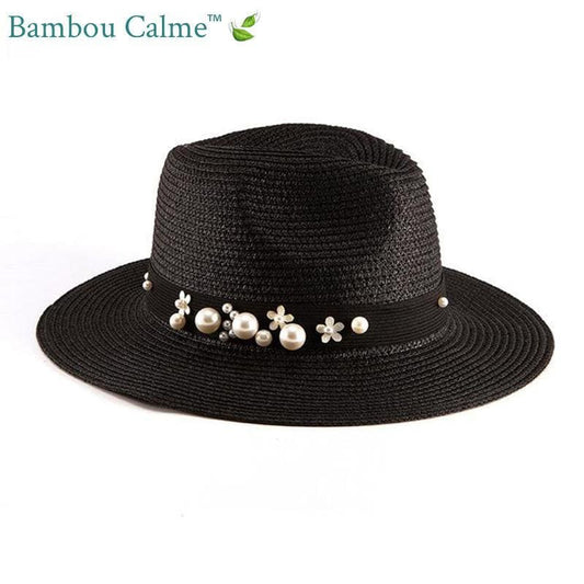 Chapeau de Paille Noir avec Lanière Fleurs La Tropézienne | Bambou Calme