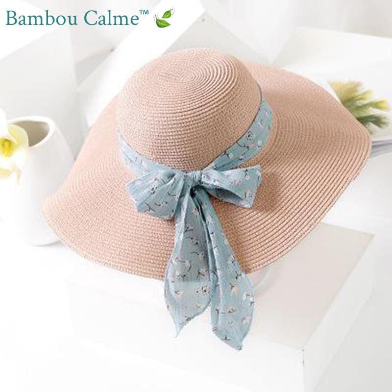 Chapeau de Paille Rose avec ruban Bleu | Bambou Calme