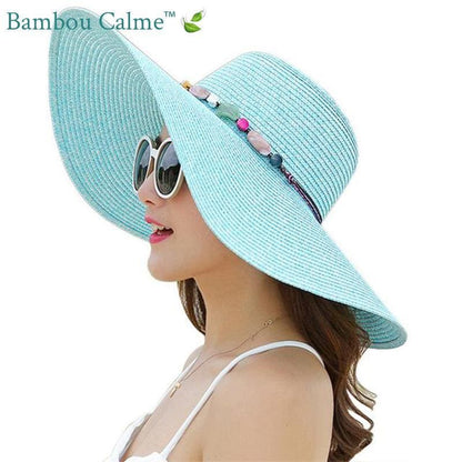 Grand Chapeau de Paille Bleu Ciel Perlée Plage | Bambou Calme