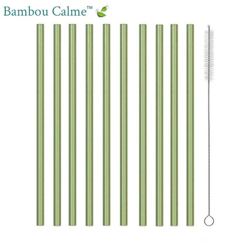 Pailles Droites Vertes en Verre avec Goupillon | Bambou Calme