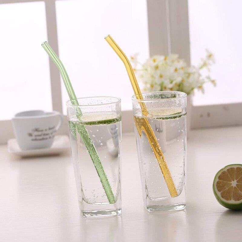 Pailles Pliées Jaunes en Verre avec Goupillon | Bambou Calme