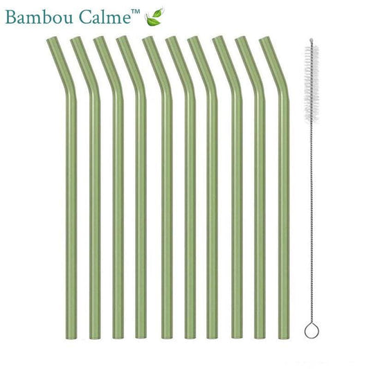 Pailles Pliées Vertes en Verre avec Goupillon | Bambou Calme