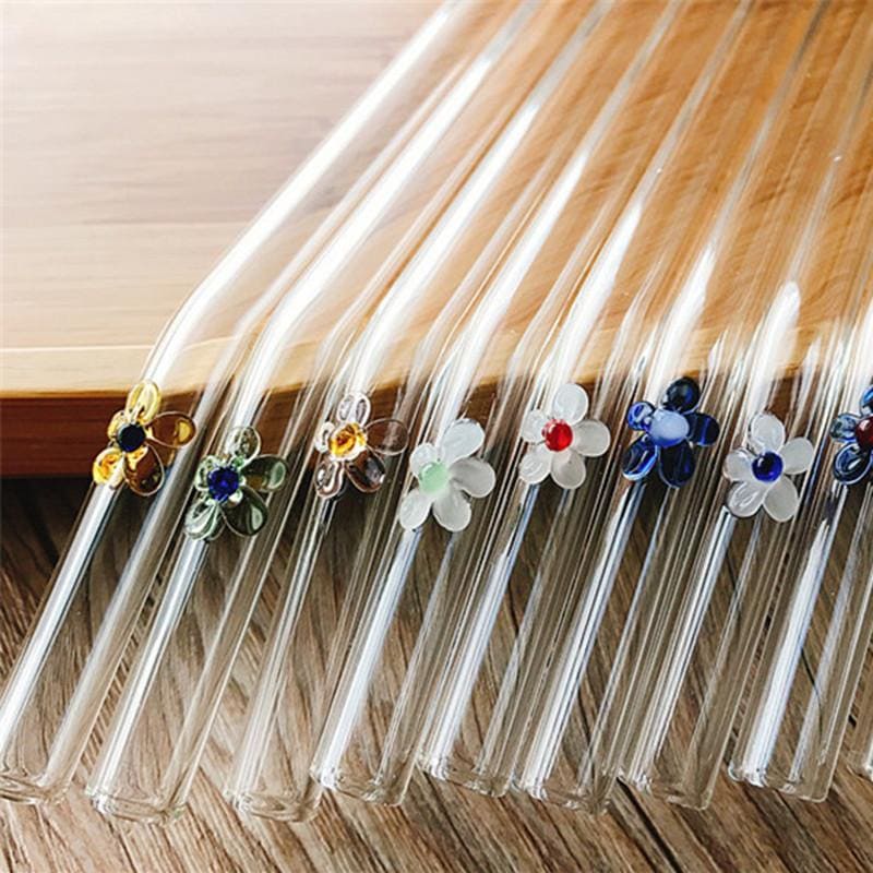 Pailles en Verre avec Sculpture Fleurs | Bambou Calme