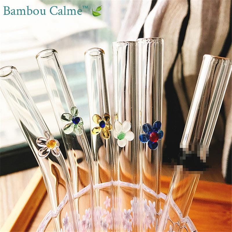 Pailles en Verre avec Sculpture Fleurs | Bambou Calme