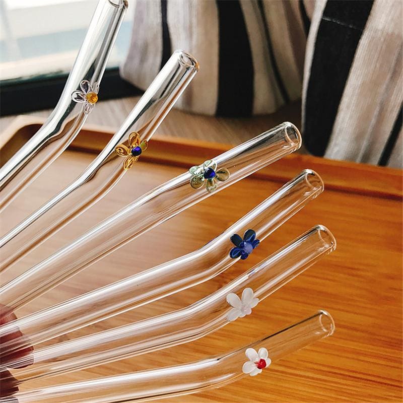Pailles en Verre avec Sculpture Fleurs | Bambou Calme