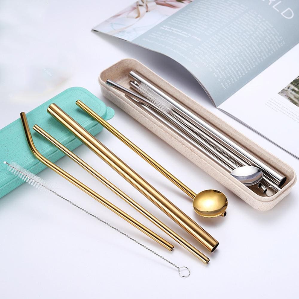 Pailles Inox Dorées avec Goupillon et Étui Rose | Bambou Calme