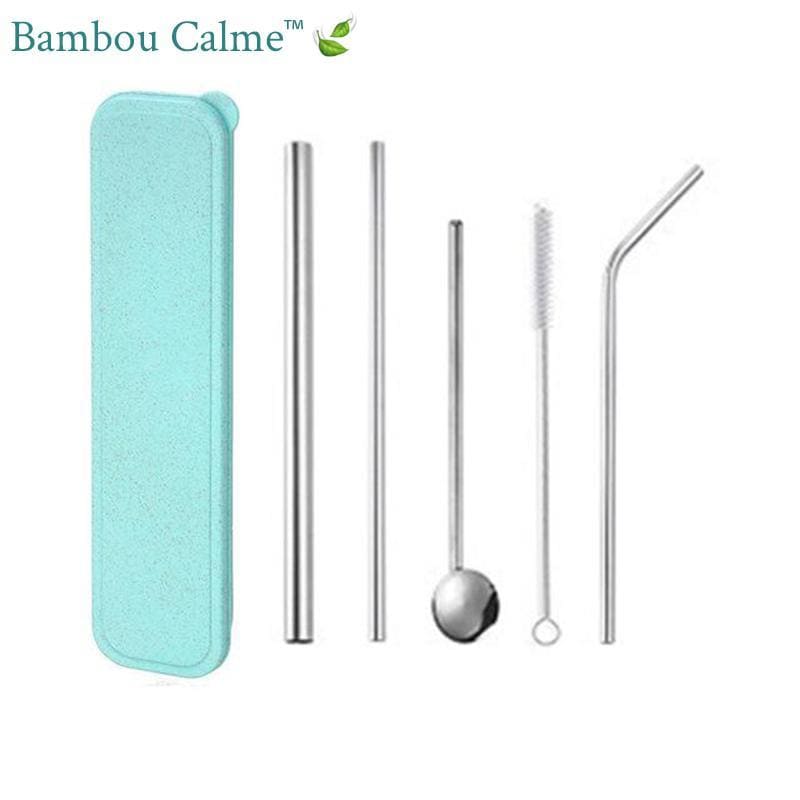 Pailles Inox Natures avec Goupillon et Étui Bleu | Bambou Calme
