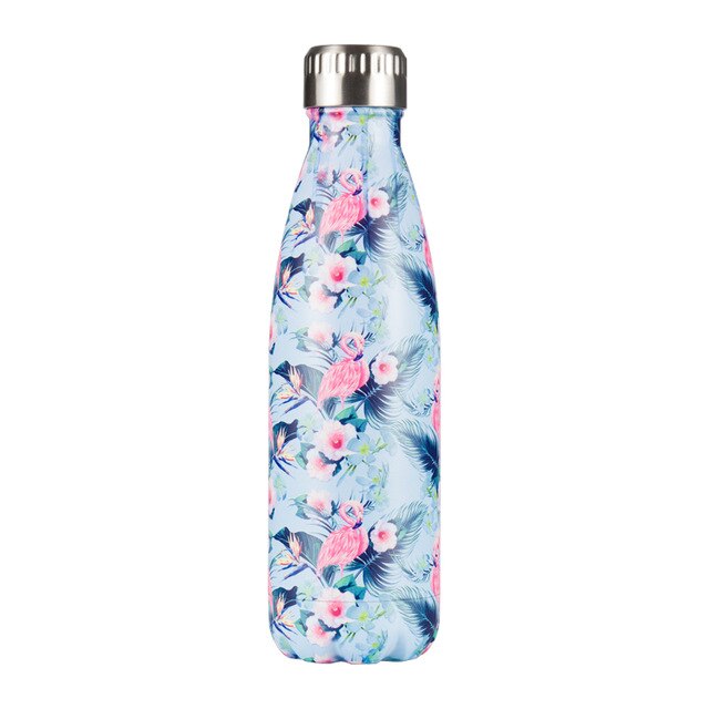 Gourde Inox Imprimé Flamant Rose Palmiers Bleus