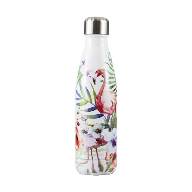 Gourde Inox Flamant Rose Fleurs Palmes sur fond Blanc Mat